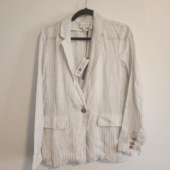 MICHAEL STARS SINGLE BREASTED BLAZER‎ WHITE/BLACK WOVEN LINEN WOMENS SMALL - Picture 1 of 8